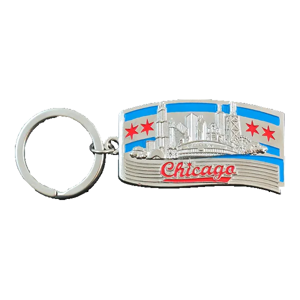 Key Holder. Metal. Chrome. Color Fill. IL. Chicago. Flag.