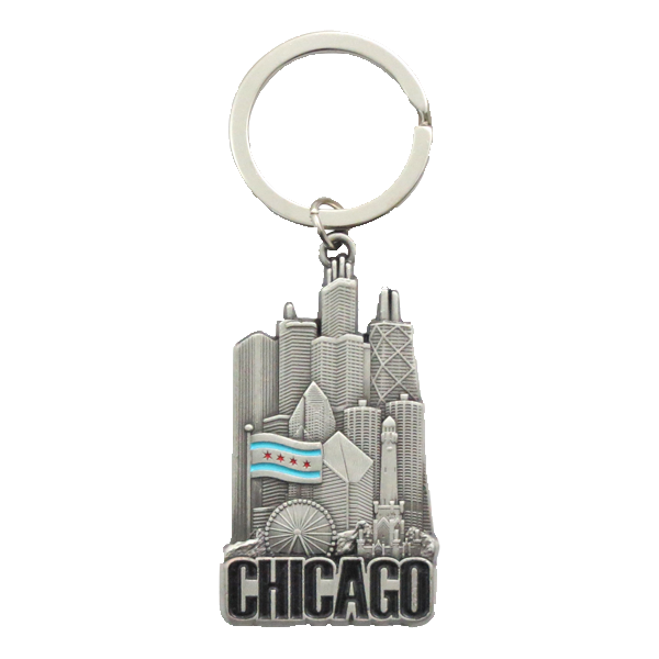 Key Holder. Metal. Pewter Look. Color Fill. IL. Flag.