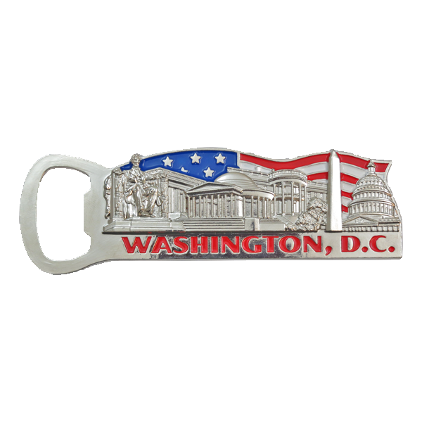 Magnet. Bottle Opener. Metal. Chrome. Color Fill. DC. Washington. Collage.
