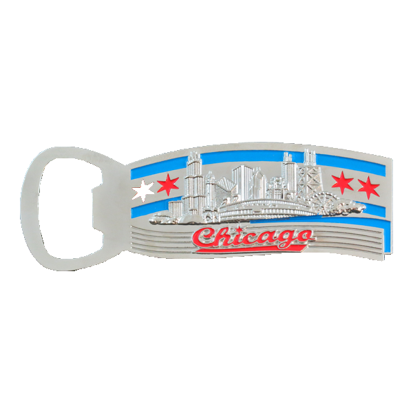 Magnet. Bottle Opener. Metal. Chrome. Color Fill. IL. Chicago. Flag.