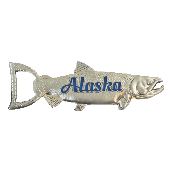 Magnet. Bottle Opener. Metal. Color Fill. AK. Alaska. Salmon.