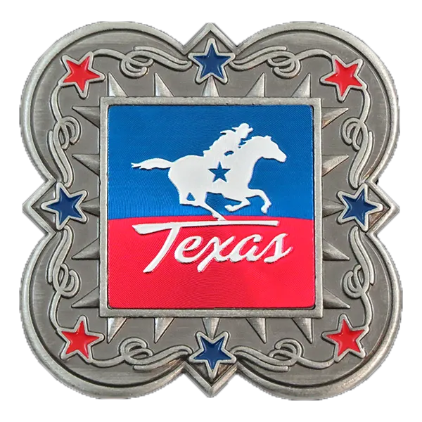 Magnet. Metal. Chrome. Color Fill. TX. Texas. Belt Buckle.