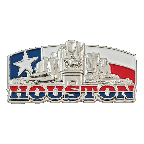 Magnet. Metal. Chrome. Color Fill. TX. Houston. Skyline.