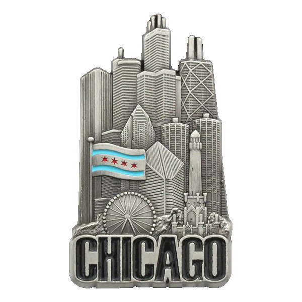 Magnet. Metal. Pewter Look. Color Fill. IL. Flag.